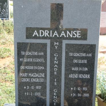 ADRIAANSE Arend Hendrik 1931-2005 &amp; Mary Magdalene JONGBLOED 1937-2003