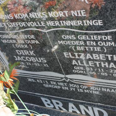 BRAND Drik Jacobus 1921- &amp; Elizabeth Alletha 1922-2003