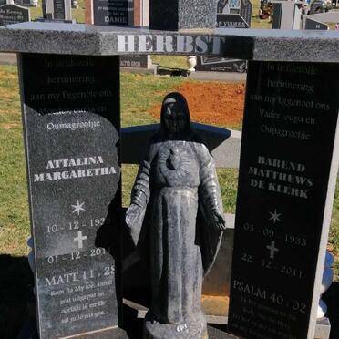 HERBST Barend Matthews de Klerk 1935-2011 &amp; Attalina Margaretha 1939-2011