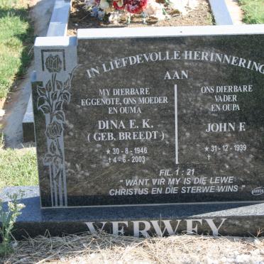 VERWEY John E. 1939- &amp; Dina E.K. BREEDT 1946-2003