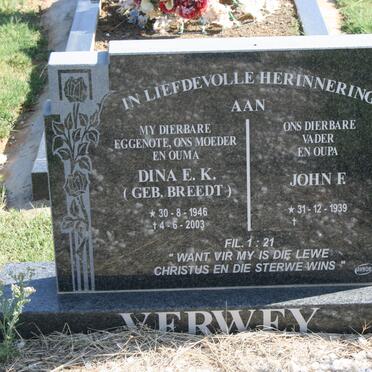 VERWEY John E. 1939- &amp; Dina E.K. BREEDT 1946-2003