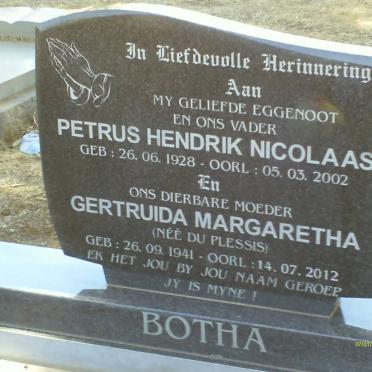 BOTHA Petrus Nicolaas 1928-2002 &amp; Gertruida Margaretha DU PLESSIS 1941-2012