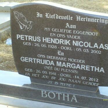 BOTHA Petrus Nicolaas 1928-2002 &amp; Gertruida Margaretha DU PLESSIS 1941-2012