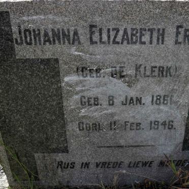 ERASMUS Johanna Elizabeth nee DE KLERK 1861-1946