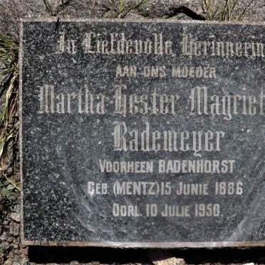 RADEMEYER Martha Hester Magrietha voorheen BADENHORST nee MENTZ 1886-1950