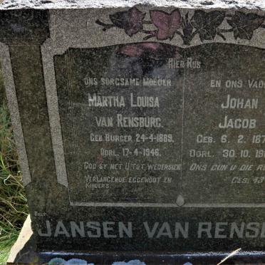 RENSBURG Johan Jacob, Jansen van 1873-1962 &amp; Martha Louisa BURGER 1889-1946