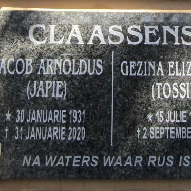 CLAASSENS Jacob Arnoldus 1931-2020 &amp; Gezina Elizabeth 1934-2014