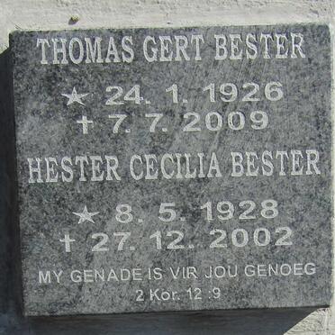BESTER Thomas Gert 1926-2009 &amp; Hester Cecilia 1928-2002