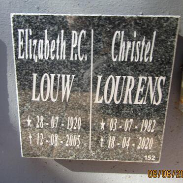 LOUW Elizabeth P.C. 1920-2005 :: LOURENS Christel 1982-2020