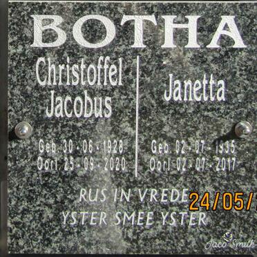 BOTHA Christoffel Jacobus 1928-2020 &amp; Janetta 1935-2017