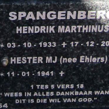 SPANGENBERG Hendrik Marthinus 1933-2017 &amp; Hester M.J. EHLERS 1941-