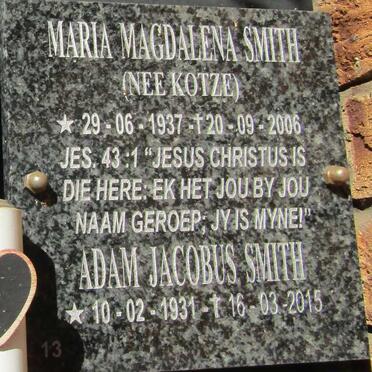 SMITH Adam Jacobus 1931-2015 &amp; Maria Magdalena KOTZE 1937-2006