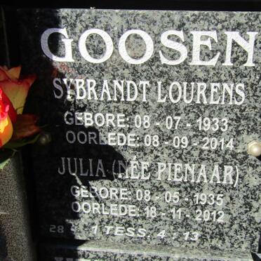 GOOSEN Sybrandt Lourens 1933-2014 &amp; Julia nee PIENAAR 1935-2012