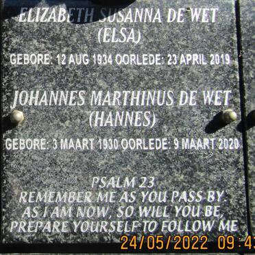 WET Johannes Marthinus, de 1930-2020 &amp; Elizabeth Susanna 1934-2019