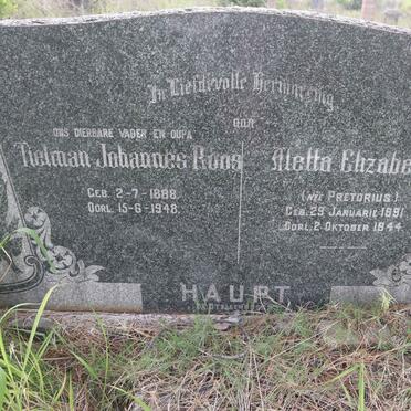 HAUPT Tielman Johannes Roos 1888-1948 &amp; Aletta Elizabeth PRETORIUS  1891-1944