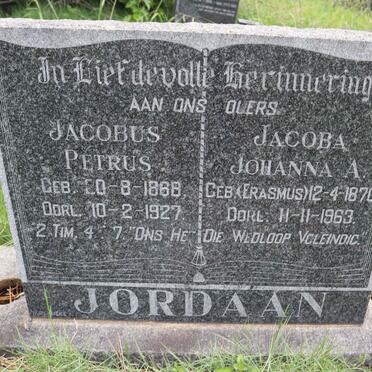 JORDAAN Jacobus Petrus 1868-1927 &amp; Jacoba Johanna A. ERASMUS 1870-1963