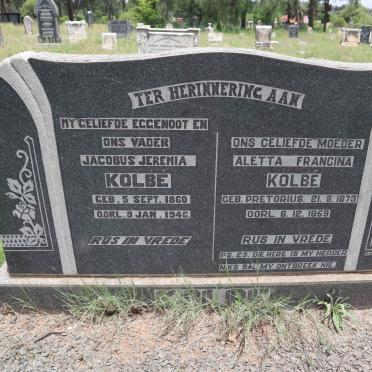 KOLBE Jacobus Jeremia 1860-1946 &amp; Aletta Francina PRETORIUS 1873-1959