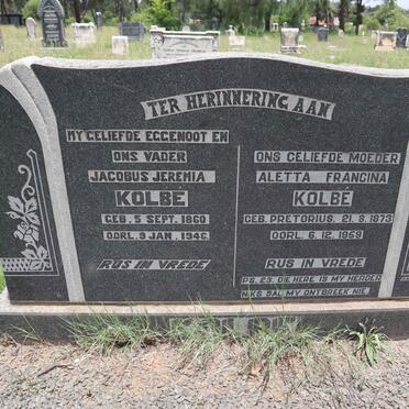 KOLBE Jacobus Jeremia 1860-1946 &amp; Aletta Francina PRETORIUS 1873-1959