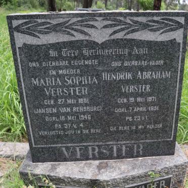 VERSTER Hendrik Abraham 1871-1951 &amp; Maria Sophia JANSEN VAN RENSBURG -1946