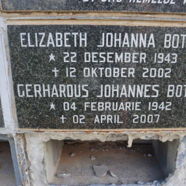 BOTHA Gerhardus Johannes 1942-2007 &amp; Elizabeth Johanna 1943-2002
