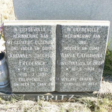 BRITZ Johannes Jacobus Frederick 1935-1992 &amp; Maria Catharina Christina DE BEER 1938-