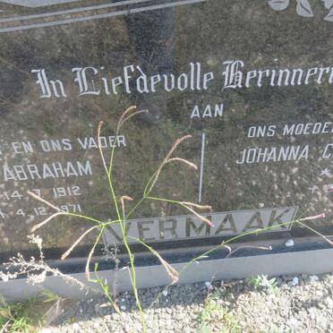 VERMAAK Jan Abraham 1912-1971 &amp; Johanna Cornelia Magdalena 1912-2005