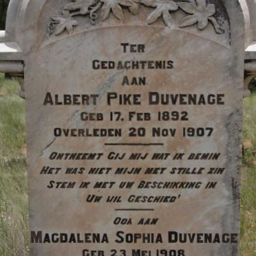 DUVENAGE Albert Pike 1892-1907 :: DUVENAGE Magdalena Sophia 1908-1908