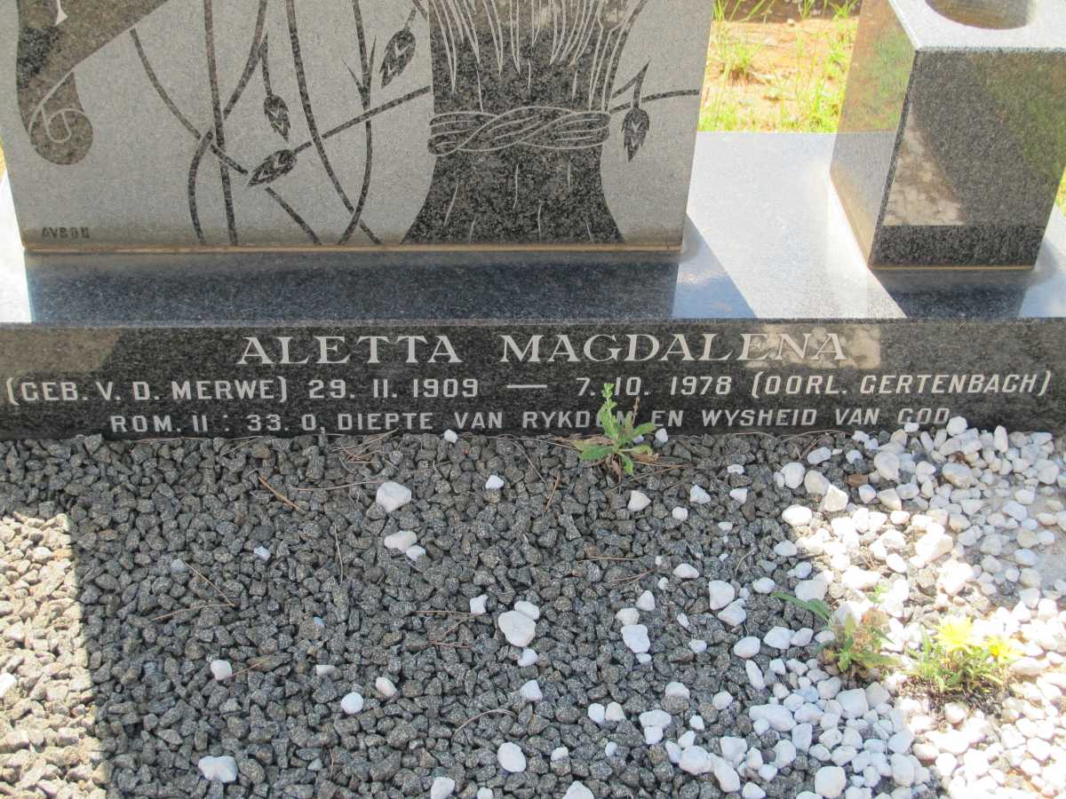 GERTENBACH Aletta Magdalena formerly MEINTJES nee VAN DER MERWE 1909-1978