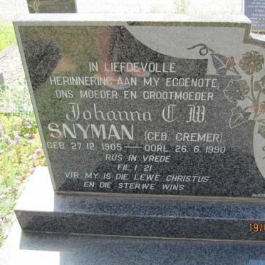 SNYMAN Johanna C.W. nee CREMER 1905-1990