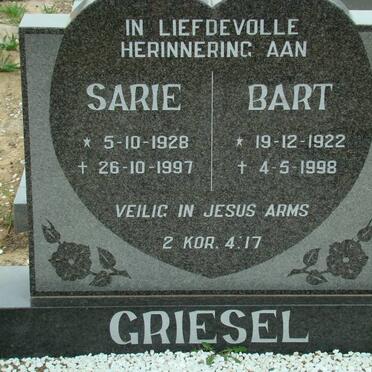 GRIESEL Bart 1922-1998 &amp; Sarie 1928-1997