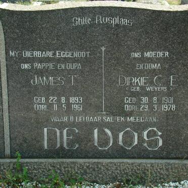 VOS James T., de 1893-1961 &amp; Dirkie C.E. MEYERS 1901-1978