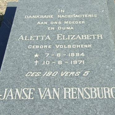 RENSBURG Jacobus Theodorus, Janse van 1891-1970 &amp; Aletta Elizabeth VOLSCHENK 1894-1971