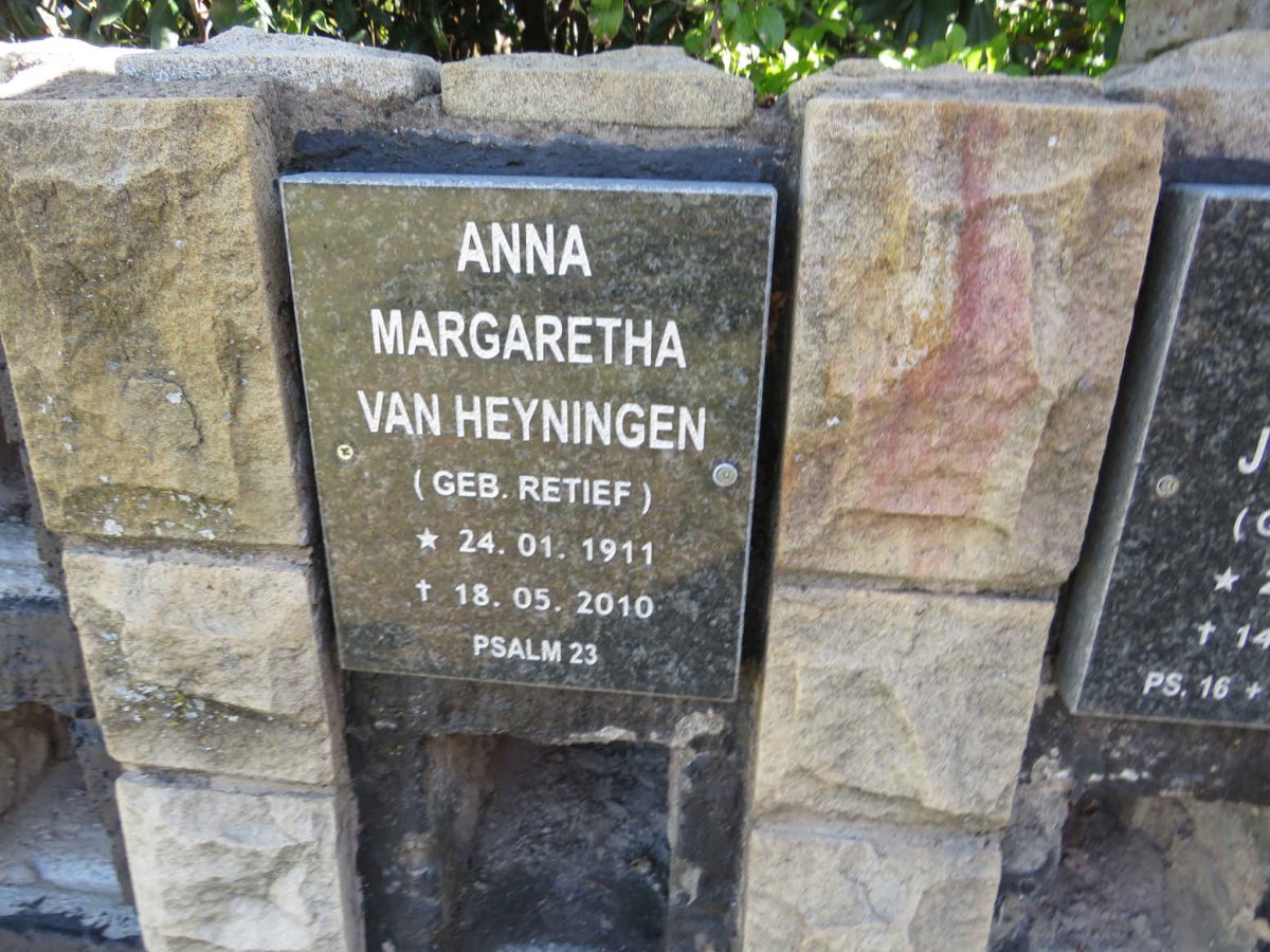 HEYNINGEN Anna Margaretha, van nee RETIEF 1911-2010