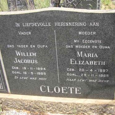 CLOETE Willem Jacobus 1894-1985 &amp; Maria Elizabeth 1897-1965
