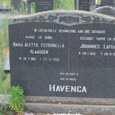 HAVENGA Johannes Lafras 1915-1973 &amp; Maria Aletta Petronella 
