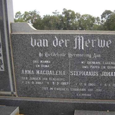 MERWE Stephanus Johannes, van der 1905-1974 &amp; Anna Magdalena JANSEN VAN RENSBURG 1907-1997