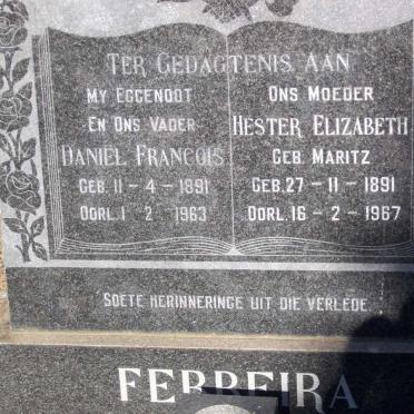 FERREIRA Daniel Francois 1891-1963 &amp; Hester Elizabeth MARITZ 1891-1967