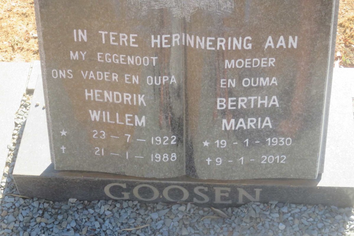 GOOSEN Hendrik Willem 1922-1988 &amp; Bertha Maria 1930-2012