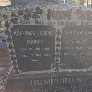 HUMPHRIES Johannes Judenes Marais 1889-1934 &amp; Martha Maria Etresia 1890-1960