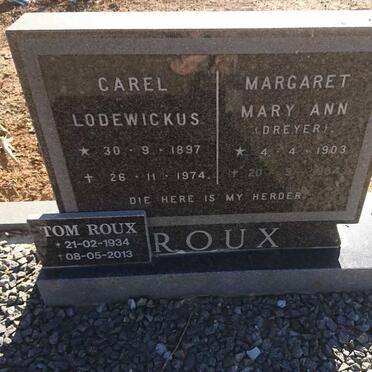 ROUX Carel Lodewikus 1897-1974 &amp; Margaret Mary Ann DREYER 1903-1984 :: ROUX Tom 1934-2013