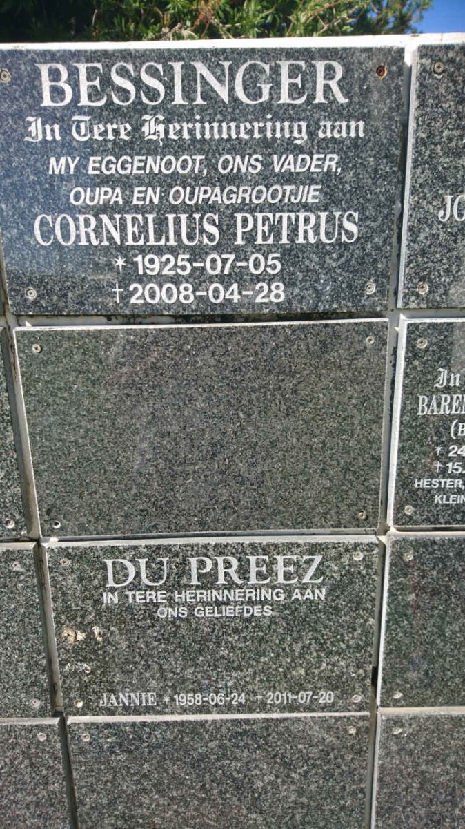 BESSINGER Cornelius Petrus 1925-2008 :: PREEZ Jannie, du 1958-2011