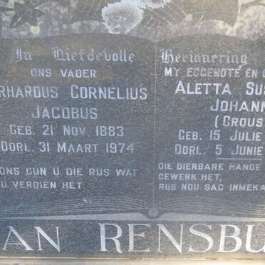 RENSBURG Gerhardus Cornelius Jacobus, van 1883-1974 &amp; Aletta Susanna Johanna CROUS 1883-1965