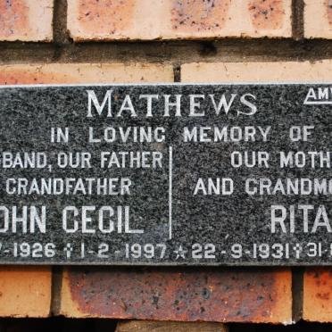 MATHEWS John Cecil 1926-1997 &amp; Rita 1931-2008