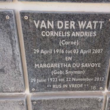 WATT Cornelis Andries, van der 1916-2007 &amp; Margaretha Du Savoye SNYMAN 1923-2012