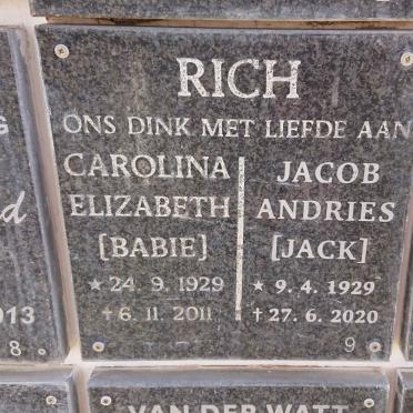 RICH Jacob Andries 1929-2020 &amp; Carolina Elizabeth 1929-2011