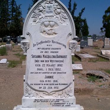 BARNARDT Susanna Magdalena nee VAN DER WESTHUIZEN 1892-1932 :: BARNARDT Jannie 1918-1932