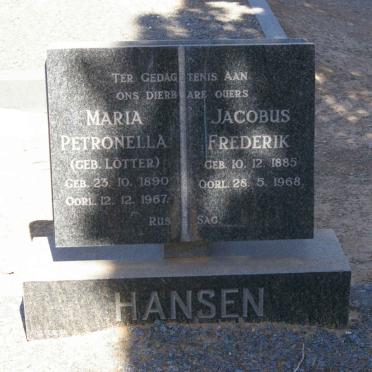 HANSEN Jacobus Frederik 1885-1968 &amp; Maria Petronella LOTTER 1890-1967