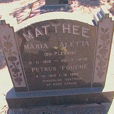 MATTHEE Petrus Fouche 1910-1992 &amp; Maria Aletta DU PLESSIS 1910-1979