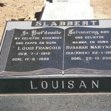 SLABBERT Louis Francois 1916-1998 &amp; Susarah Maryna KRIEK 1919-2000