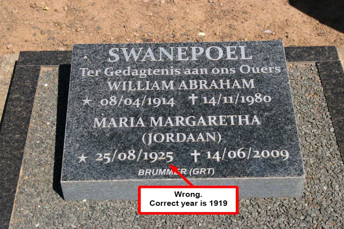 SWANEPOEL William Abraham 1914-1980 & Maria Margaretha JORDAAN 1919-2009